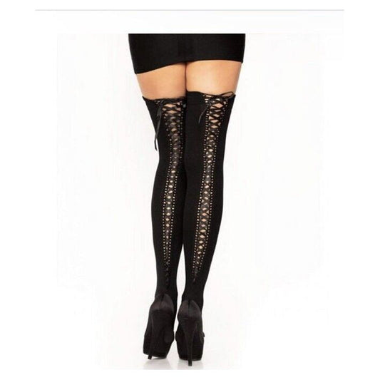 Leg Avenue Opaque Thigh Highs With Eyelet Trim And Satin Lace Up Back